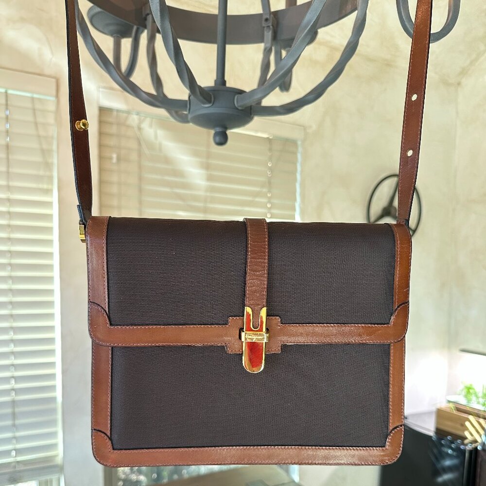 Salvatore Ferragamo Shoulder Crossbody Bag, Brown Leather/Canvas, Vintage Rare